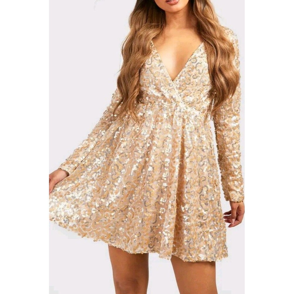 NWT Boohoo Sequin Wrap Sequin V-neck Long Sleeve Dress Size 16